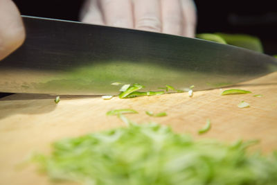 Close-up of hand holding leaf on cutting board