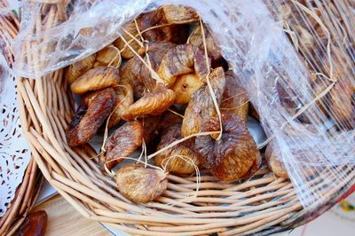 High angle view of garlic in basket