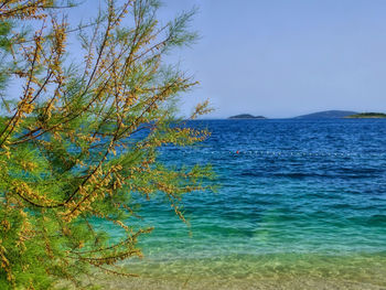 Scenic view of sea against clear blue sky