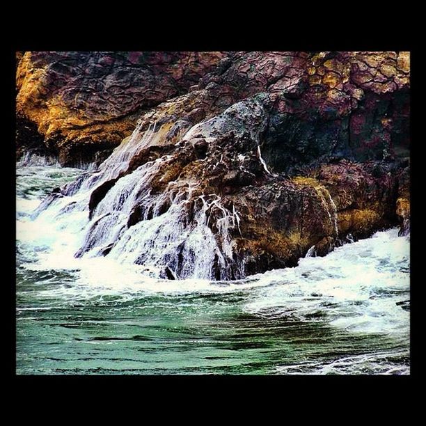 transfer print, water, auto post production filter, beauty in nature, surf, nature, sea, scenics, wave, motion, rock - object, waterfront, splashing, river, tranquility, tranquil scene, flowing water, outdoors, day, no people