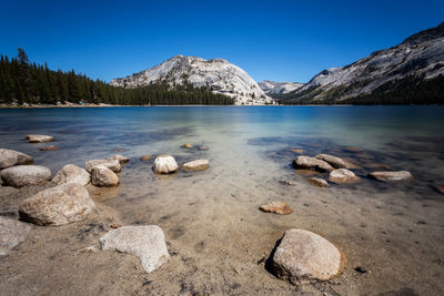 Scenic view of lake against clear blue sky