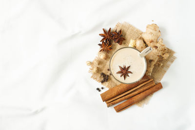 High angle view of carving on white background