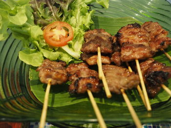 High angle view of food on barbecue