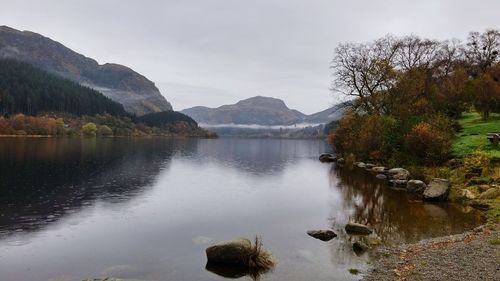 Scenic view of lake by trees against sky