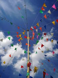 Low angle view of buntings hanging against sky