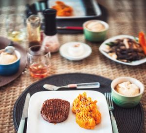 Close-up of food served on table