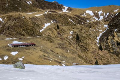 Scenic view of snowcapped mountains during winter