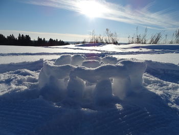 Scenic view of snow covered field against sky