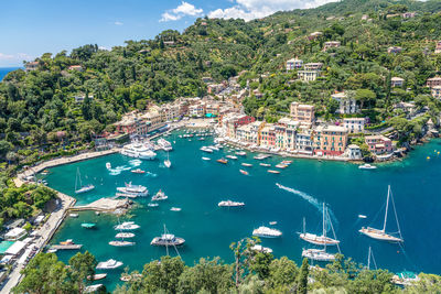 Panoramic overview of portofino seaside area, harbour with numerous of yachts and ships, italy