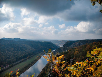 High angle view of river amidst mountains