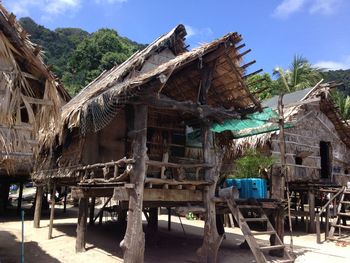 View of wooden house and building against sky