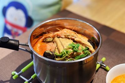 Close-up of soup in bowl on table