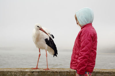 Side view of girl looking at bird perching on retaining wall against cloudy sky