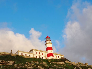 Low angle view of lighthouse by building against sky