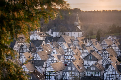 High angle view of buildings in city