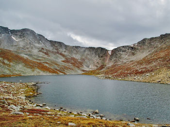 Scenic view of lake and mountains against sky