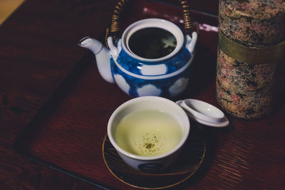 High angle view of tea cup on table