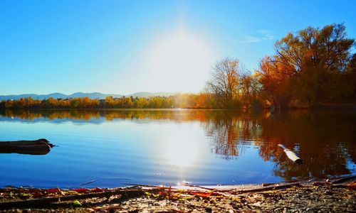 Scenic view of lake against sky at sunset