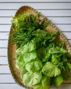 High angle view of green leaves on table