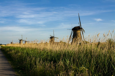 Traditional windmill on field against sky at kinderdijk