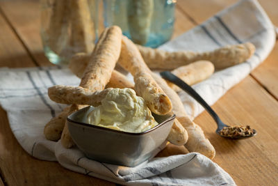 High angle view of bread in bowl on table