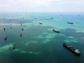 High angle view of boats on sea