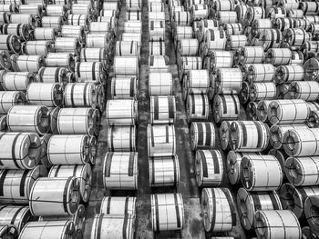 High angle view of huge rolled up cables at industry