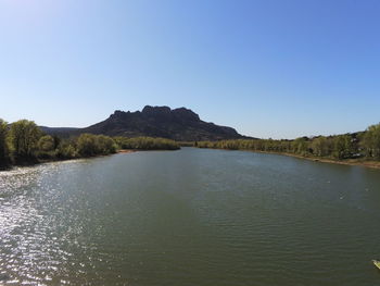 Scenic view of lake against clear sky