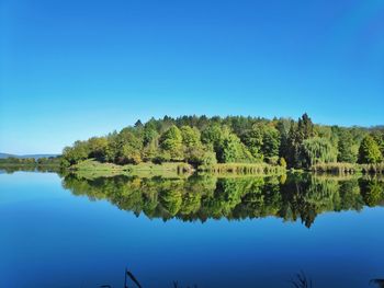 Scenic view of lake against clear blue sky
