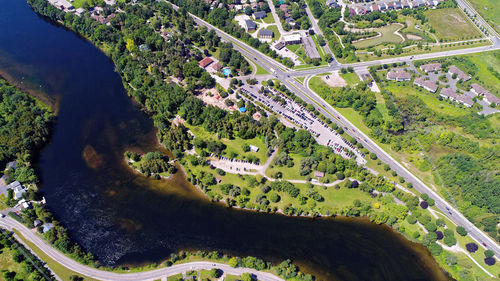 High angle view of road amidst trees