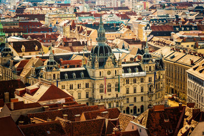 Cityscape of graz with the rathaus town hall and historic buildings, in  styria region, austria.