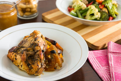 High angle view of food in plate on table