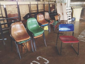 High angle view of chairs and table