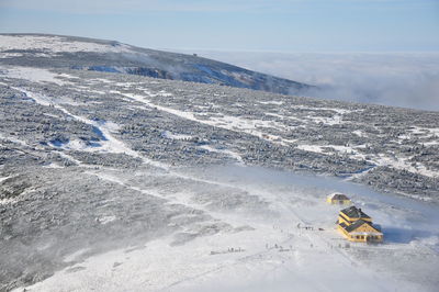 Aerial view of snowcapped mountain against sky