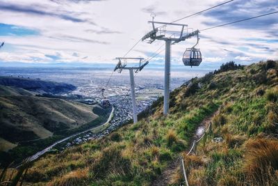 Overhead cable car over land against sky