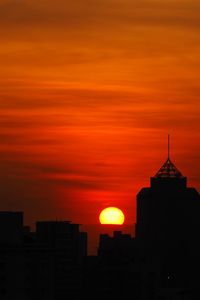 Silhouette buildings against dramatic sky during sunset