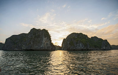 Sunset over halong bay in vietnam