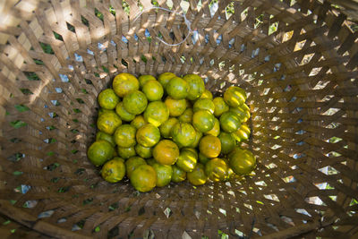 High angle view of sweet limes in wicker basket