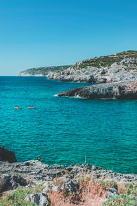 Scenic view of sea against clear blue sky