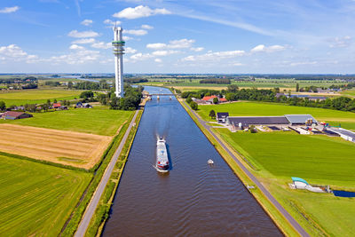 Aerial from a freighter on the princess margriet canal near lemmer in the netherlands