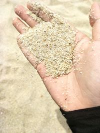 Cropped hand holding sand at beach