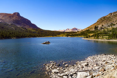 Scenic view of lake against clear blue sky