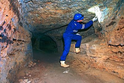 The old sandstone water tunnel, mined caves. the cave. sandstone tunnel moistened walls. dry channel