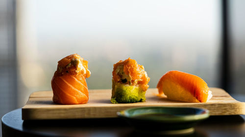 Close-up of sushi served on table