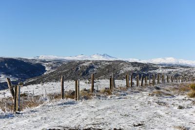 Scenic view of snowcapped mountains against clear blue sky