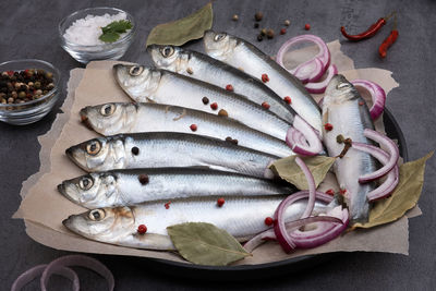 High angle view of seafood on table