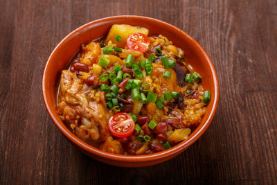 High angle view of food in bowl on table