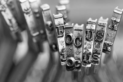 Close-up of padlocks on metal grate