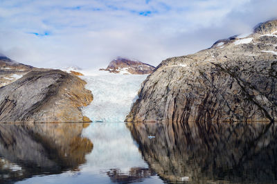 Scenic view of lake with mountains in background against cloudy sky