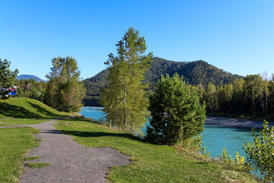 Scenic view of lake against clear blue sky